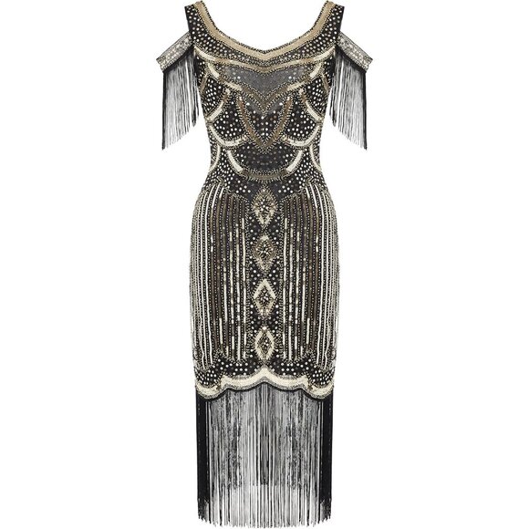 Womens Flapper Dress Vintage 1920s Beaded Sequins Fringe Party Costume - Picture 6 of 6